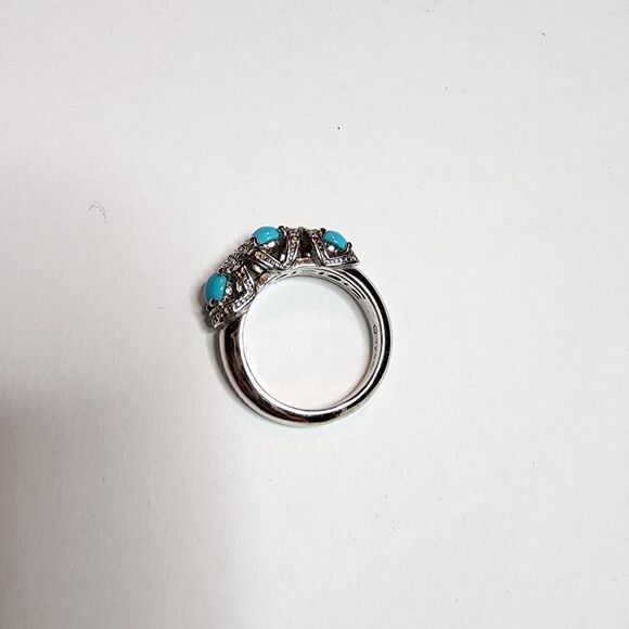Gemstone Diamond Cut Three Stone Ring Sterling Silver Turquoise Size 5 - Picture 3 of 11